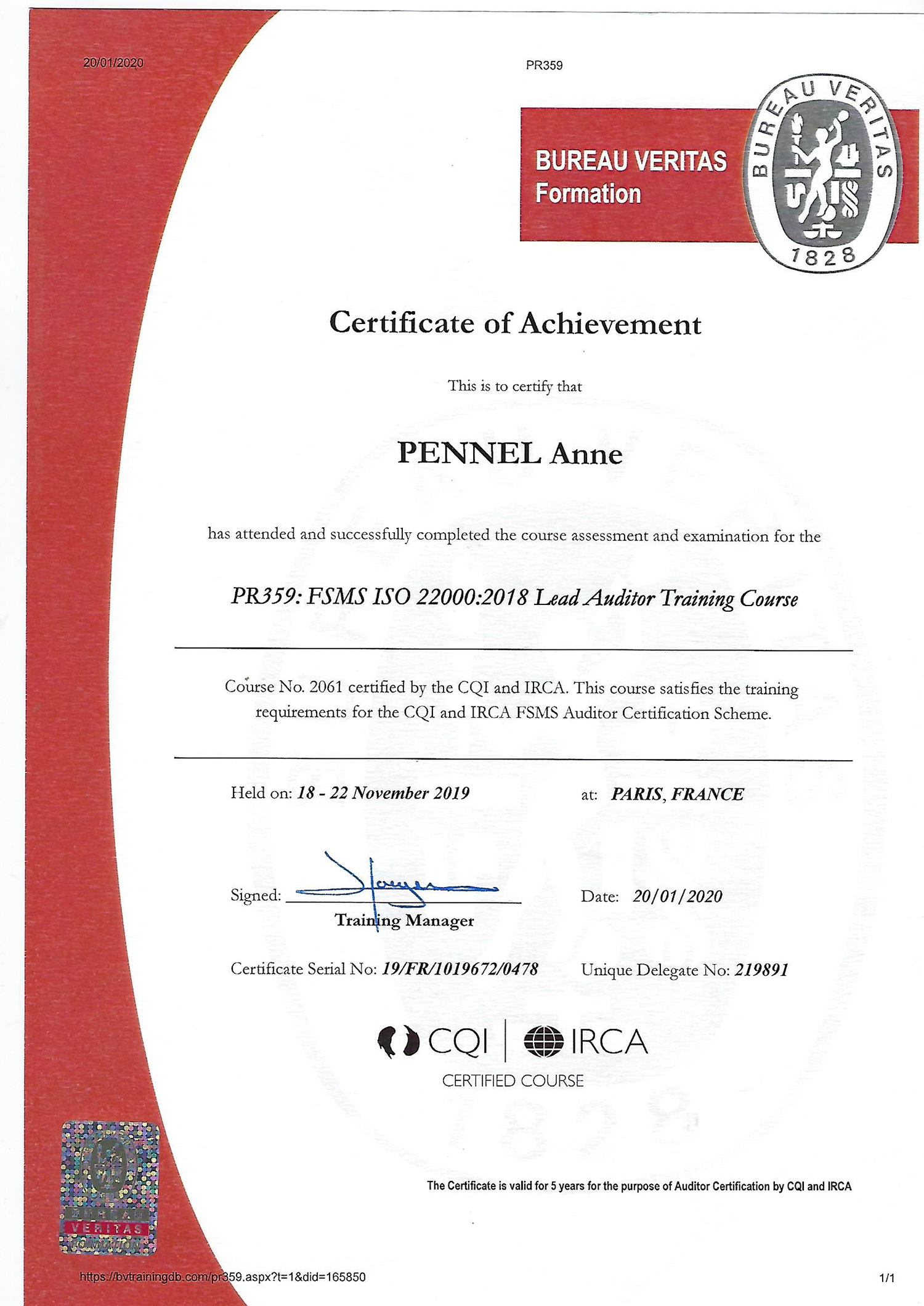 Diplome auditeur IRCA ISO 22000